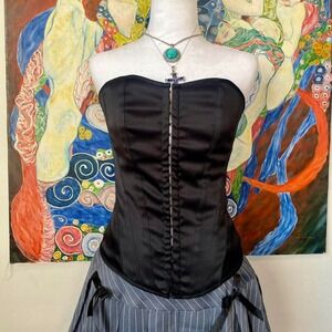 Vintage sexy black and red reversible satin lace up corset top- Large